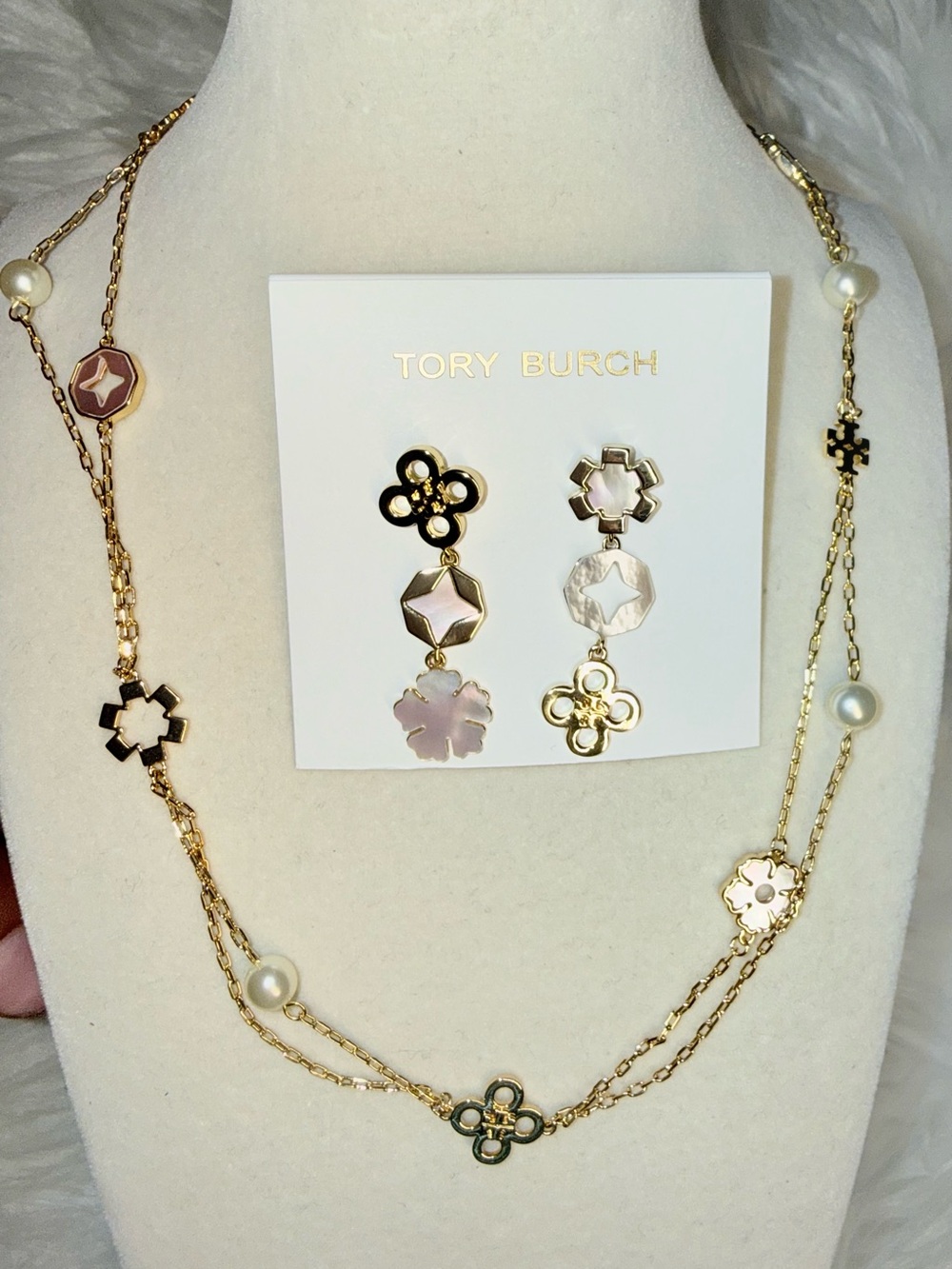 Tory Burch Gold-Tone Floral Long Necklace Set with Pink Mother-of-Pearl Accents